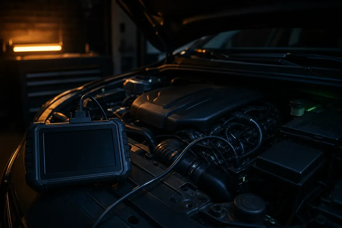 Motorraum mit Diagnosegerät bei Langzeitwartung, 1200x800